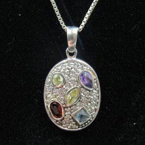 16" Sterling Silver Pavement Various Glass Gems Necklace Vintage